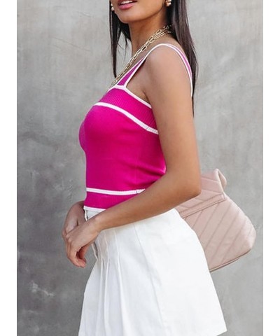 Women's Square Neck Knit Tank Tops Slim Fit Color Block Patchwork Sleeveless Crop Cami Top Dark Pink $12.15 Tanks