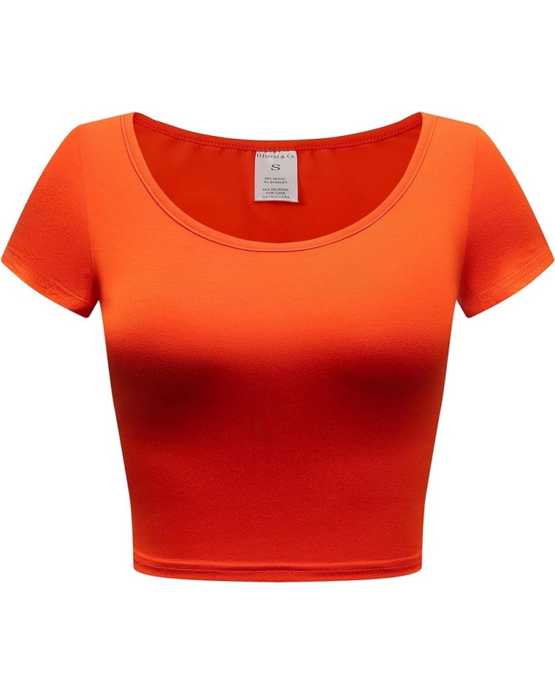 Women's Basic Crop Tops Stretchy Casual Scoop Neck Cap Sleeve Shirt Orange $11.79 Tanks