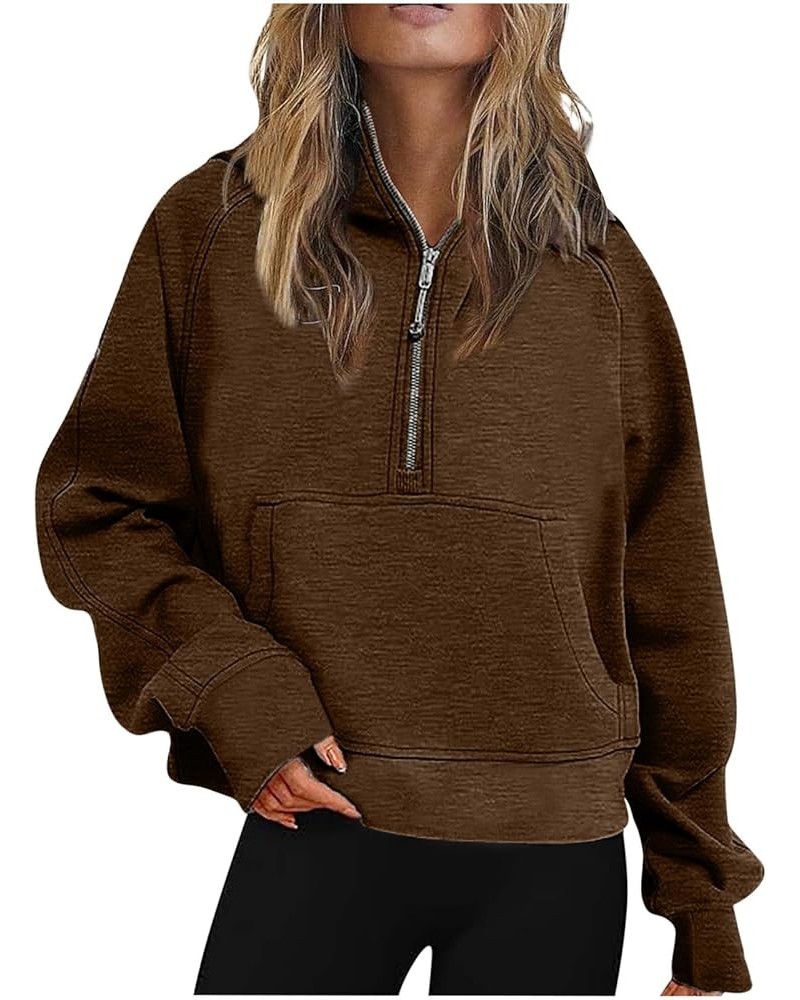 Womens Quarter Zip Sweatshirt 2023 Fleece Oversized Sweaters Cropped Pullover Hoodies Fall Trendy Outfits Clothing J02-brown ...