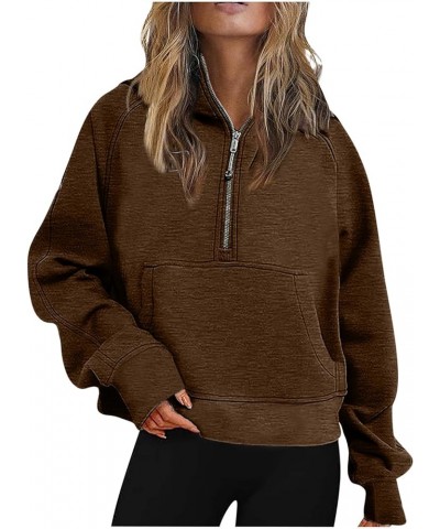 Womens Quarter Zip Sweatshirt 2023 Fleece Oversized Sweaters Cropped Pullover Hoodies Fall Trendy Outfits Clothing J02-brown ...