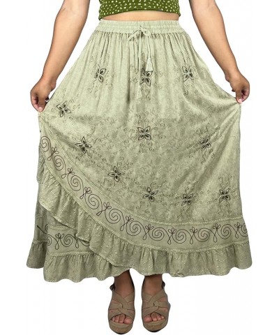 Women's Bohemian Western High Waist Boho Vintage Drawstring Embroidered Flared Ruffle Long Maxi Skirt Sea Green C $29.38 Skirts