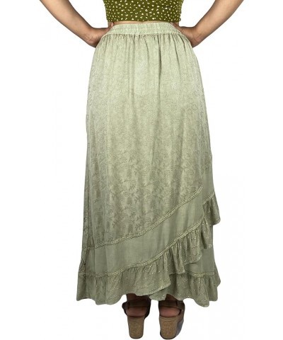 Women's Bohemian Western High Waist Boho Vintage Drawstring Embroidered Flared Ruffle Long Maxi Skirt Sea Green C $29.38 Skirts