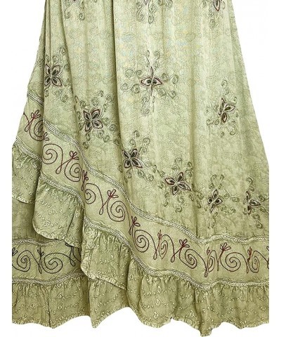 Women's Bohemian Western High Waist Boho Vintage Drawstring Embroidered Flared Ruffle Long Maxi Skirt Sea Green C $29.38 Skirts