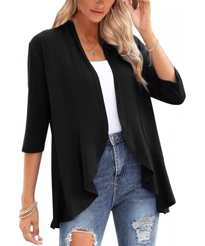 Cardigan for Women Plus Size Draped Ruffles 3/4 Sleeve Cardigan Open Front Swimsuit Cover Up Black $15.92 Sweaters