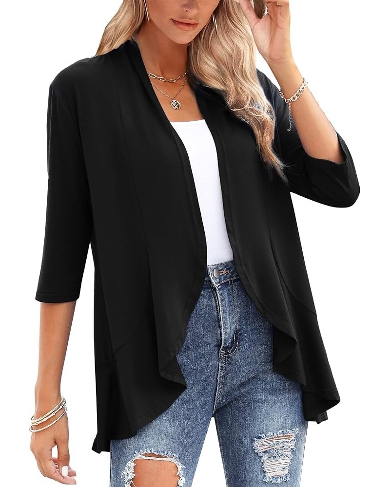 Cardigan for Women Plus Size Draped Ruffles 3/4 Sleeve Cardigan Open Front Swimsuit Cover Up Black $15.92 Sweaters