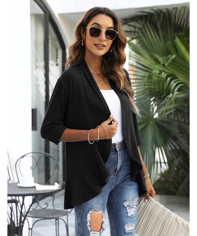 Cardigan for Women Plus Size Draped Ruffles 3/4 Sleeve Cardigan Open Front Swimsuit Cover Up Black $15.92 Sweaters