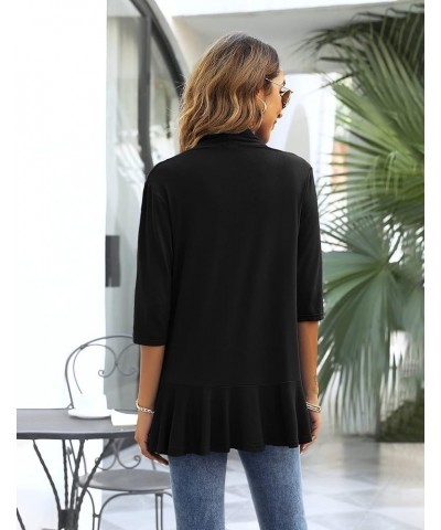 Cardigan for Women Plus Size Draped Ruffles 3/4 Sleeve Cardigan Open Front Swimsuit Cover Up Black $15.92 Sweaters