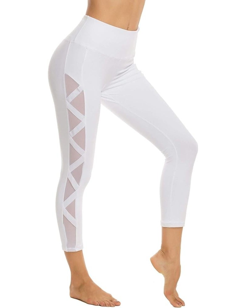 Women's Mesh Leggings Yoga Pants with Pocket, Non See-Through Capri High Waisted Tummy Control 4 Way Stretch White-capris $15...