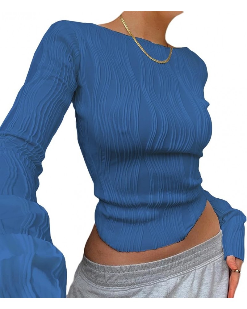 Women Casual Slim Fitted Basic Crop Tops Long Sleeve Crewneck Solid Shirts Y2K Pullovers Tight Tee Tops Cc Blue $8.95 T-Shirts