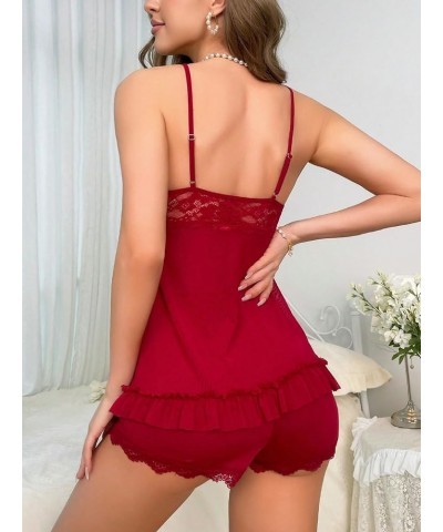 Women's 2 Piece Pajama Set Open Front Ruffle Lace Trim Cami Top and Shorts Sleepwear Red $14.99 Sleep & Lounge