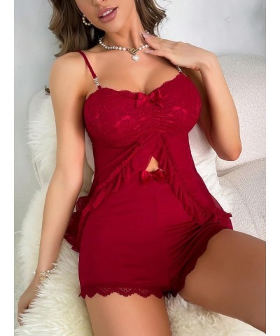 Women's 2 Piece Pajama Set Open Front Ruffle Lace Trim Cami Top and Shorts Sleepwear Red $14.99 Sleep & Lounge