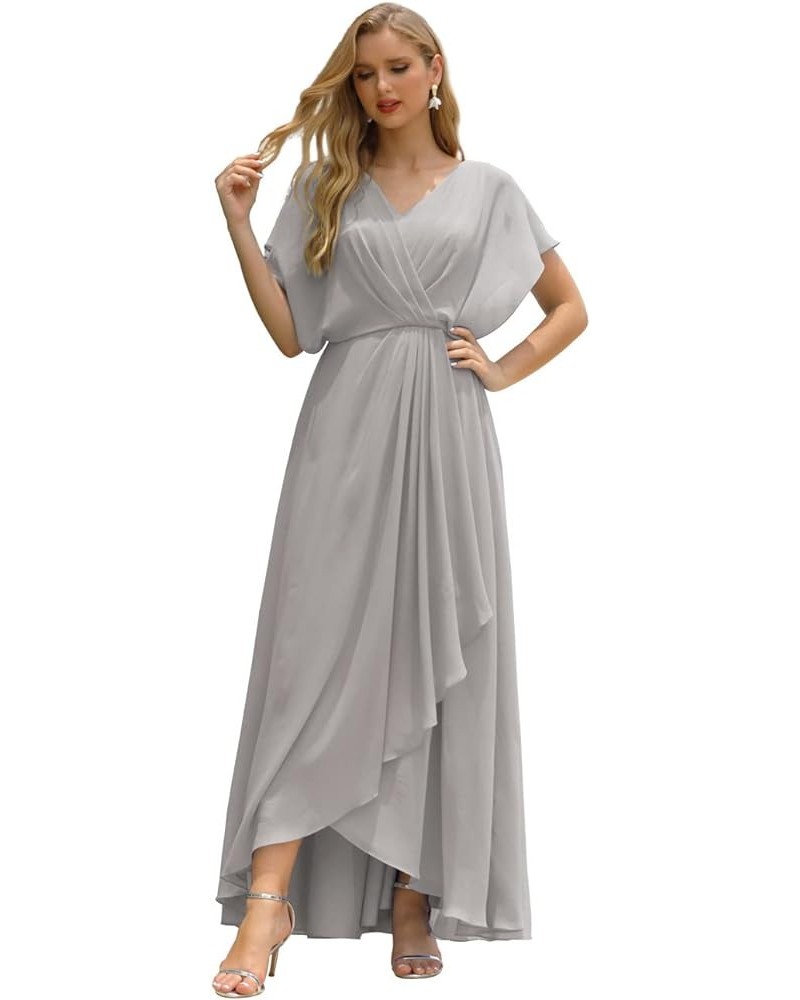 V Neck Mother Bride Dresses Plus Size Ruffled Formal Prom Dress for Wedding Guest Silver $54.84 Dresses