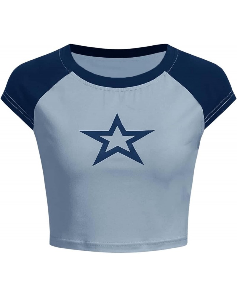 Women's Graphic Print Round Neck T Shirt Short Sleeve Crop Tee Tops Star Blue $14.99 T-Shirts