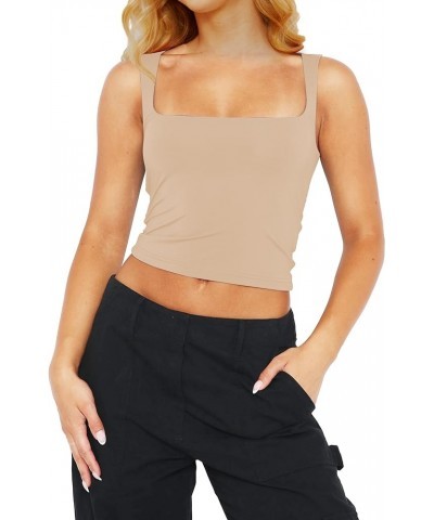 Women Basic Square Neck Sleeveless Crop Tank Top Casual Solid Slim Fit Cropped Cami Vest Going Out Tops Camisole Apricot $10....