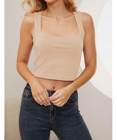 Women Basic Square Neck Sleeveless Crop Tank Top Casual Solid Slim Fit Cropped Cami Vest Going Out Tops Camisole Apricot $10....