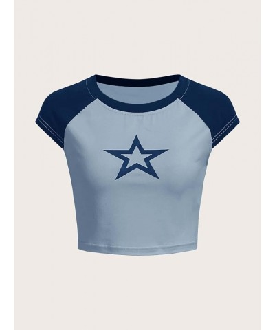 Women's Graphic Print Round Neck T Shirt Short Sleeve Crop Tee Tops Star Blue $14.99 T-Shirts