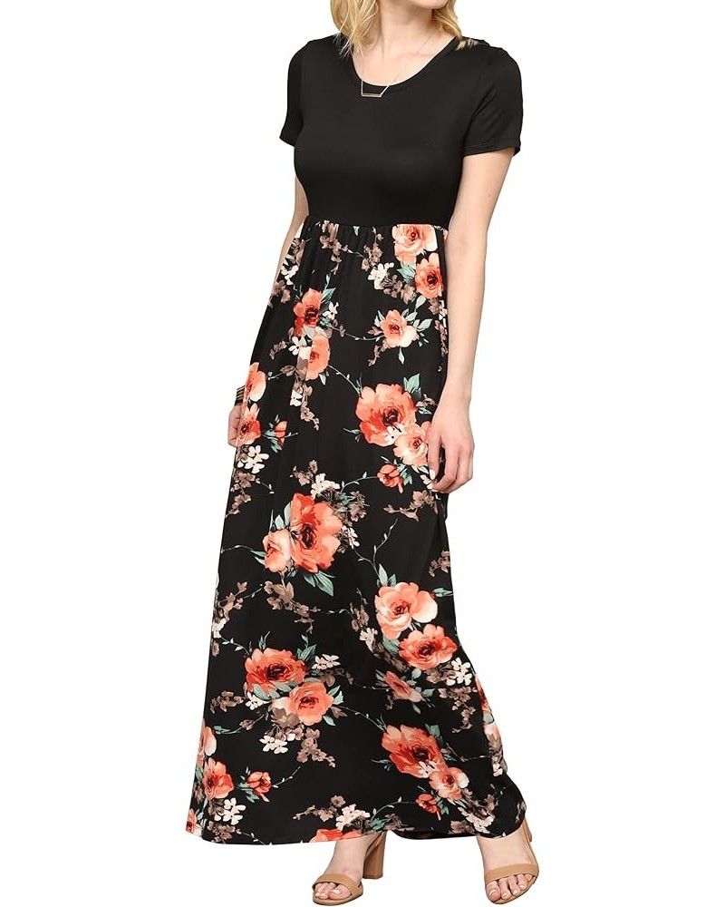 Womens Short Sleeve Loose Plain Casual Long Maxi Dresses with Pockets Wdr2284_solid_black_floral $12.13 Dresses