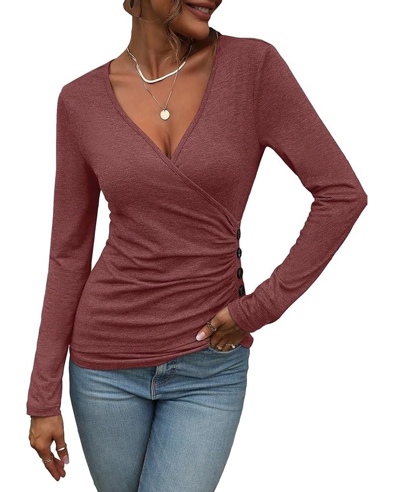 Women's Casual Long Sleeve Wrap Ruched Tee Top V Neck Button Detail Slim Fit Casual Pullover T Shirt Tops Redwood $13.64 T-Sh...