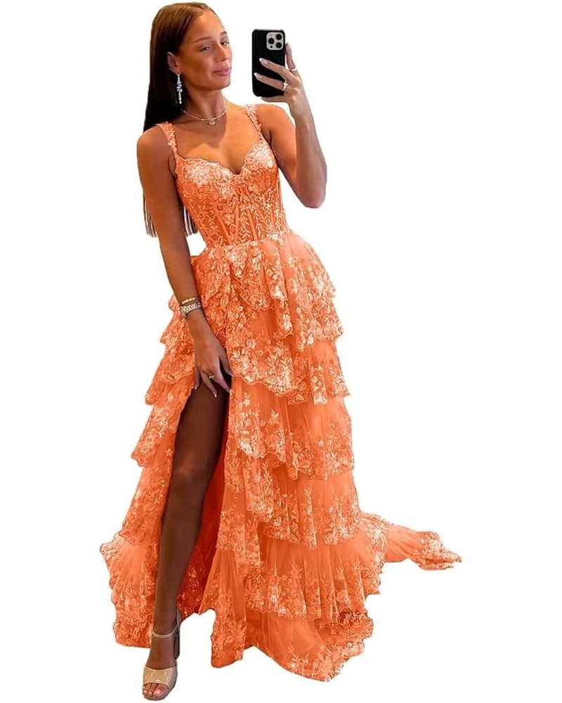 Tiered Lace Prom Dresses with Slit Long Spaghetti Straps Sparkly Corset Formal Evening Gown Orange $38.85 Dresses