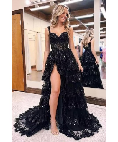 Tiered Lace Prom Dresses with Slit Long Spaghetti Straps Sparkly Corset Formal Evening Gown Orange $38.85 Dresses