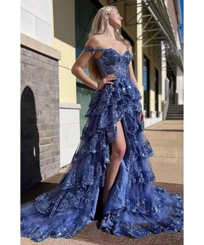 Tiered Lace Prom Dresses with Slit Long Spaghetti Straps Sparkly Corset Formal Evening Gown Orange $38.85 Dresses