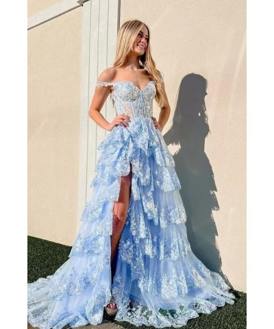 Tiered Lace Prom Dresses with Slit Long Spaghetti Straps Sparkly Corset Formal Evening Gown Orange $38.85 Dresses