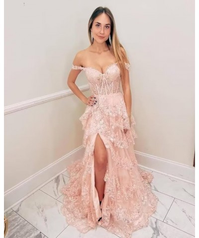 Tiered Lace Prom Dresses with Slit Long Spaghetti Straps Sparkly Corset Formal Evening Gown Orange $38.85 Dresses