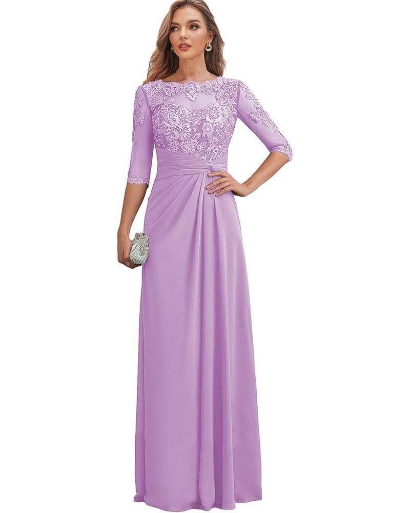 Long Mother of The Bride Dresses with Sleeves Ruched Chiffon Wedding Guest Dress Lace Formal Gown Lilac $36.40 Dresses