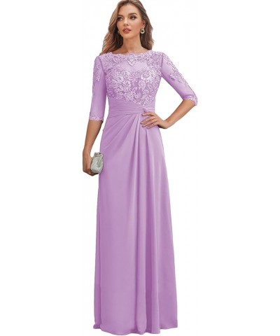 Long Mother of The Bride Dresses with Sleeves Ruched Chiffon Wedding Guest Dress Lace Formal Gown Lilac $36.40 Dresses