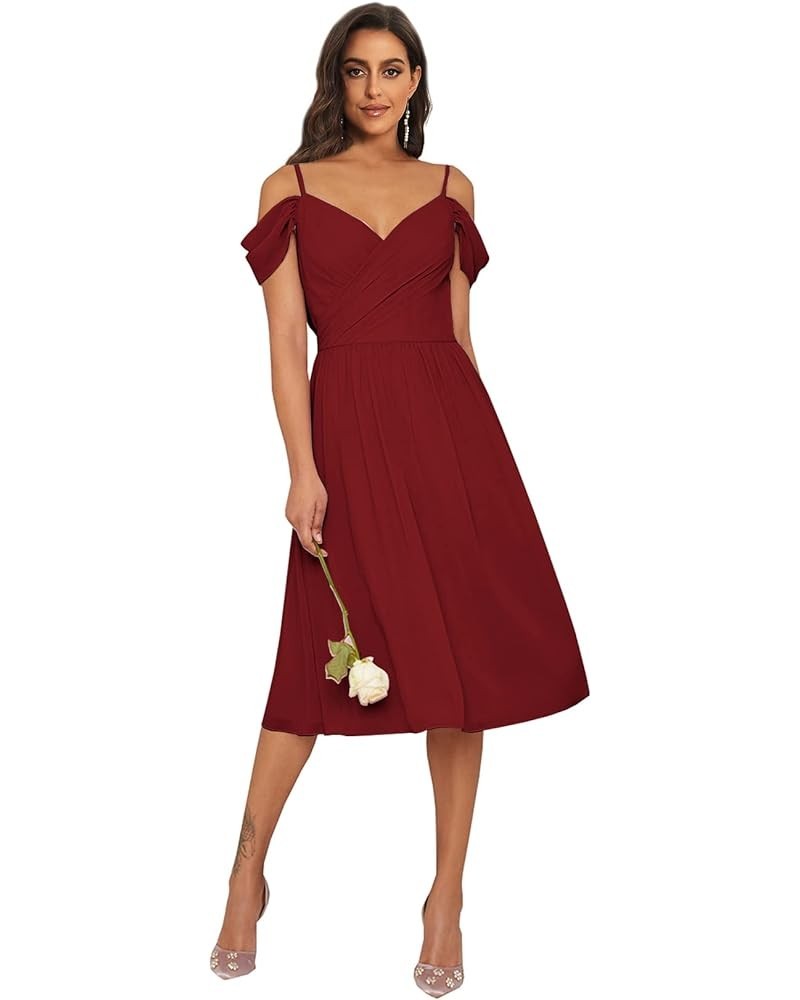 Women's Off The Shoulder Bridesmaid Dresses with Pockets Chiffon Pleated Short Formal Evening Dress Burgundy $32.90 Dresses