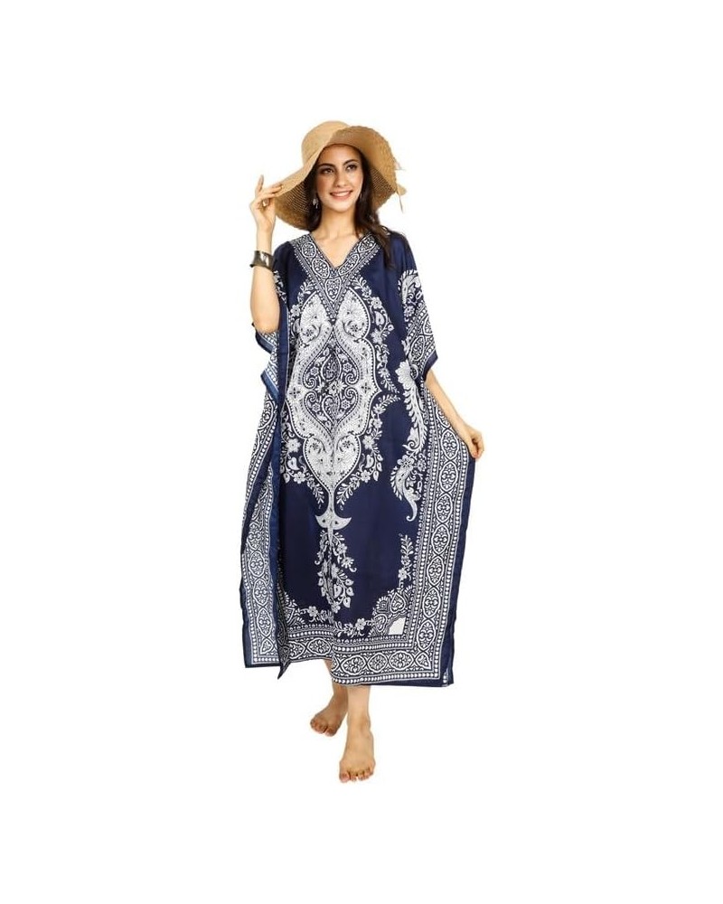 Women Kaftan Dress Tunic Long Maxi Plus Size Polyester Printed Caftan Navy Blue $11.99 Swimsuits