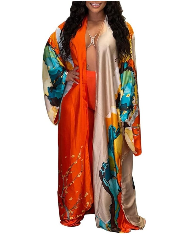 Kimono Robes Long Cardigans for Women Boho Floral Patterned Silky Open Front Swimwear Cover-Up 10173-orange $19.23 Swimsuits