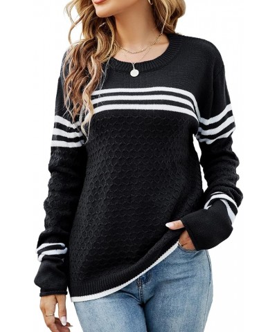 Women's Long Sleeve Cute Stripe Patchwork Knitted Pullover Sweater Black $17.60 Sweaters