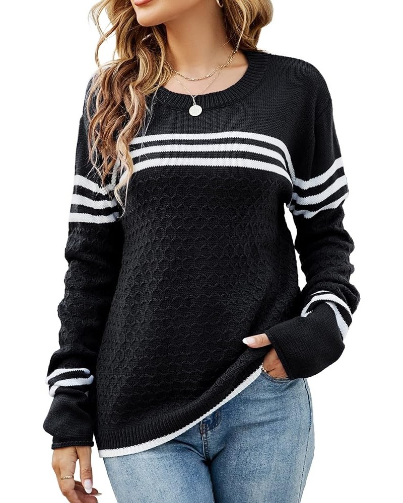 Women's Long Sleeve Cute Stripe Patchwork Knitted Pullover Sweater Black $17.60 Sweaters