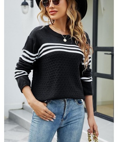 Women's Long Sleeve Cute Stripe Patchwork Knitted Pullover Sweater Black $17.60 Sweaters