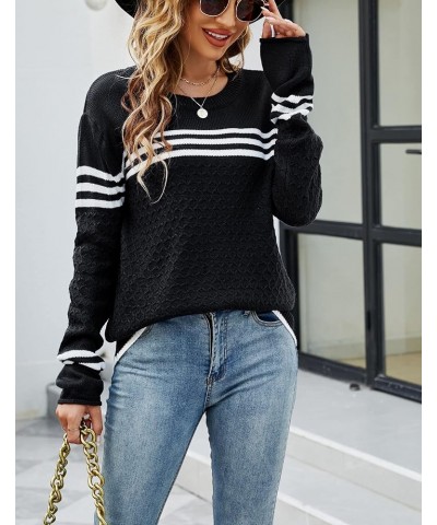 Women's Long Sleeve Cute Stripe Patchwork Knitted Pullover Sweater Black $17.60 Sweaters