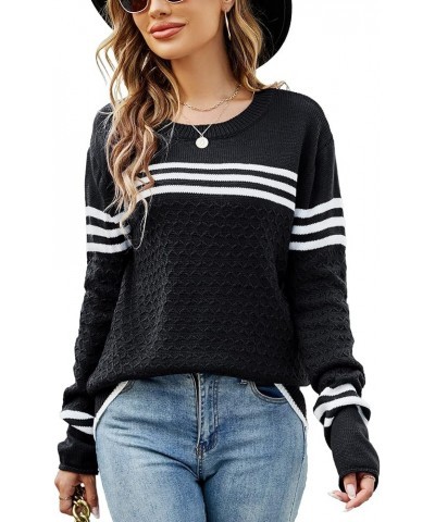 Women's Long Sleeve Cute Stripe Patchwork Knitted Pullover Sweater Black $17.60 Sweaters