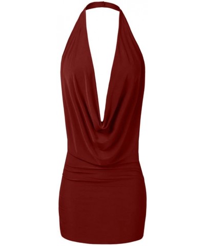 Women's Sexy Lightweight Deep V Neck Low Cut Halter Top & Dress Burgundy $10.00 Tanks