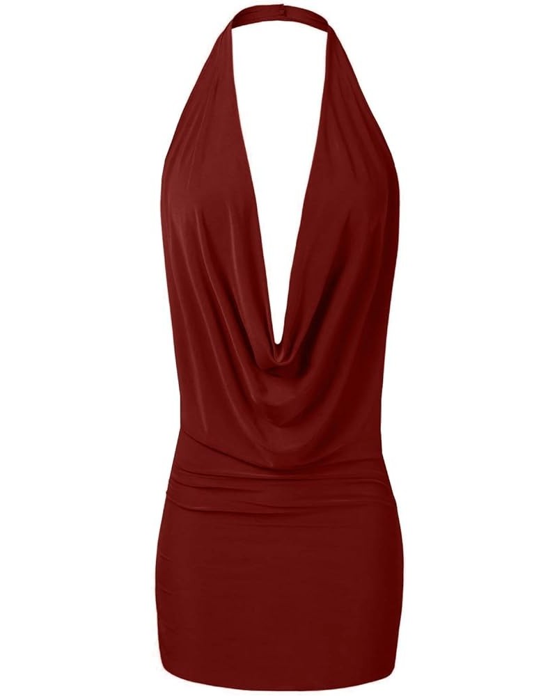 Women's Sexy Lightweight Deep V Neck Low Cut Halter Top & Dress Burgundy $10.00 Tanks