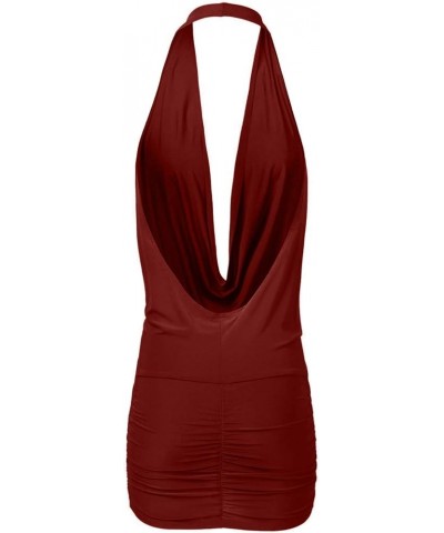 Women's Sexy Lightweight Deep V Neck Low Cut Halter Top & Dress Burgundy $10.00 Tanks