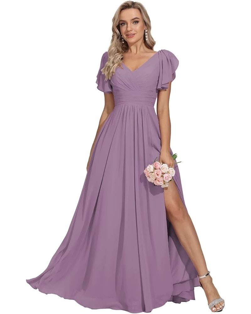 V Neck Bridesmaid Dresses with Flutter Sleeves High Slit Long Formal Wedding Guest Dresses for Women with Pockets Mauve $36.9...