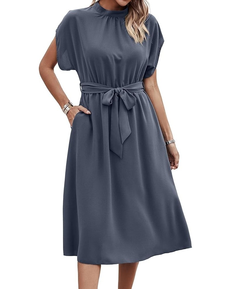 Womens Dresses, Short Sleeve Casual Summer High Neck Work Solid Midi Length Belted Dress with Pockets Grey Blue $16.44 Dresses