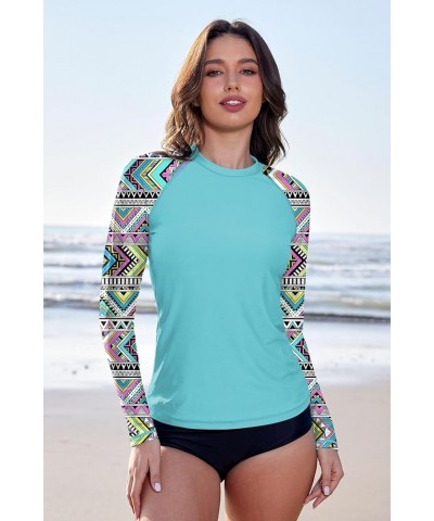 Women Long Sleeve Sun Protection UV Rashguard Swim Shirt Aqua - Aztec $13.44 Swimsuits