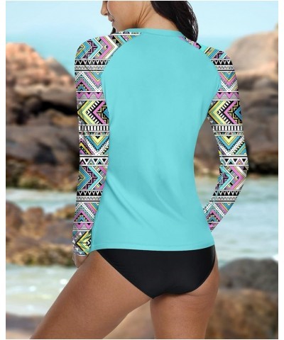 Women Long Sleeve Sun Protection UV Rashguard Swim Shirt Aqua - Aztec $13.44 Swimsuits