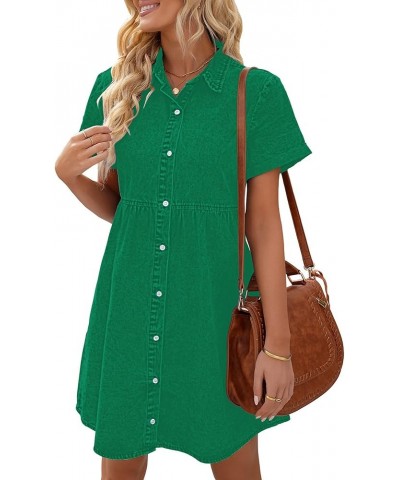 Women's Short Sleeve Button Down Flowy Tiered Babydoll Denim Dress Simply Green $25.99 Dresses