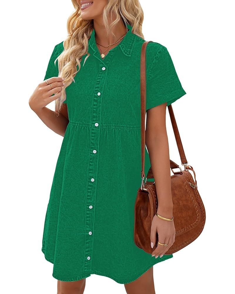 Women's Short Sleeve Button Down Flowy Tiered Babydoll Denim Dress Simply Green $25.99 Dresses