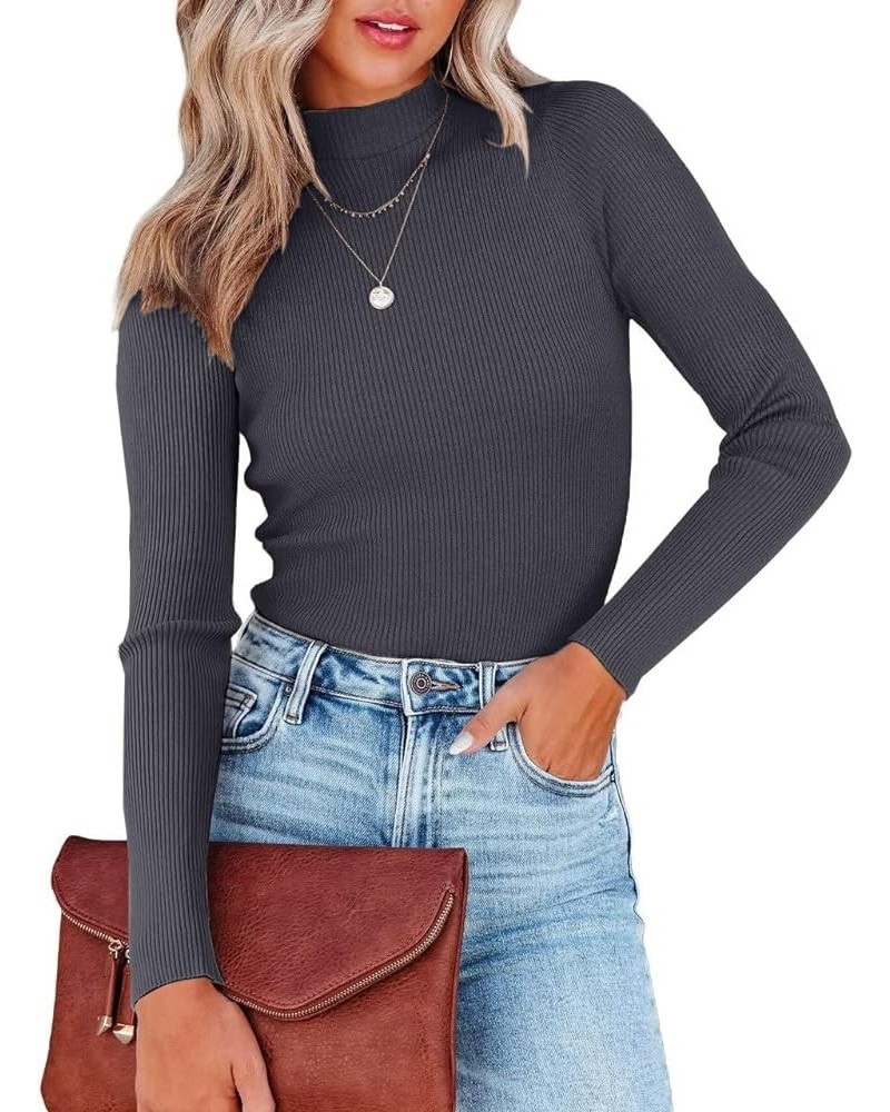 Womens Mock Neck Long Sleeve T Shirts Dressy Casual Fitted Ribbed Basic Tops Tees Dark Grey $12.80 Tops