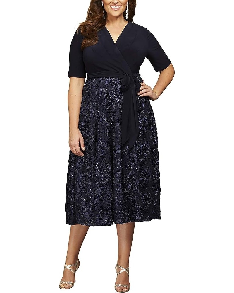 Women's Plus Size Tea Length Dress with Rosette Detail Navy Tie Front $72.31 Dresses