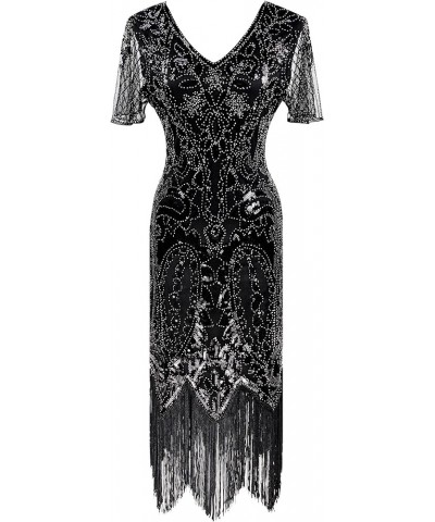 1920s V Neck Gatsby Inspired Sequin Beaded Fringed Paisley Flapper Dress with Sleeve 20s Accessories Set Style Vintage 5 Blac...