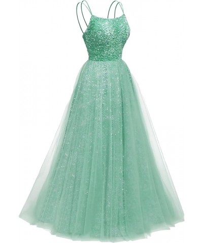 Sparkly Sequin Prom Dresses 2024 Long Tulle A-Line Spaghetti Straps Formal Evening Dresses Ball Gowns for Women Sage $44.00 D...